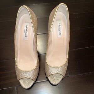 LK Bennett gold glitter peep toe pumps 37.5